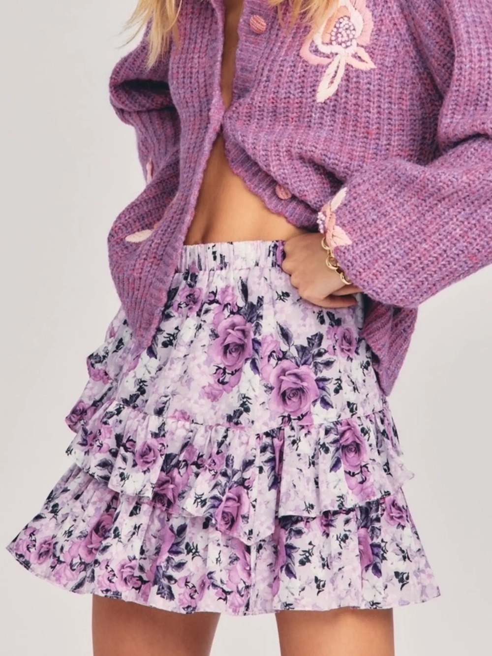 Loveshackfancy Emma Lavender Rose Floral Tiered Ruffle Mini Skirt Size Small